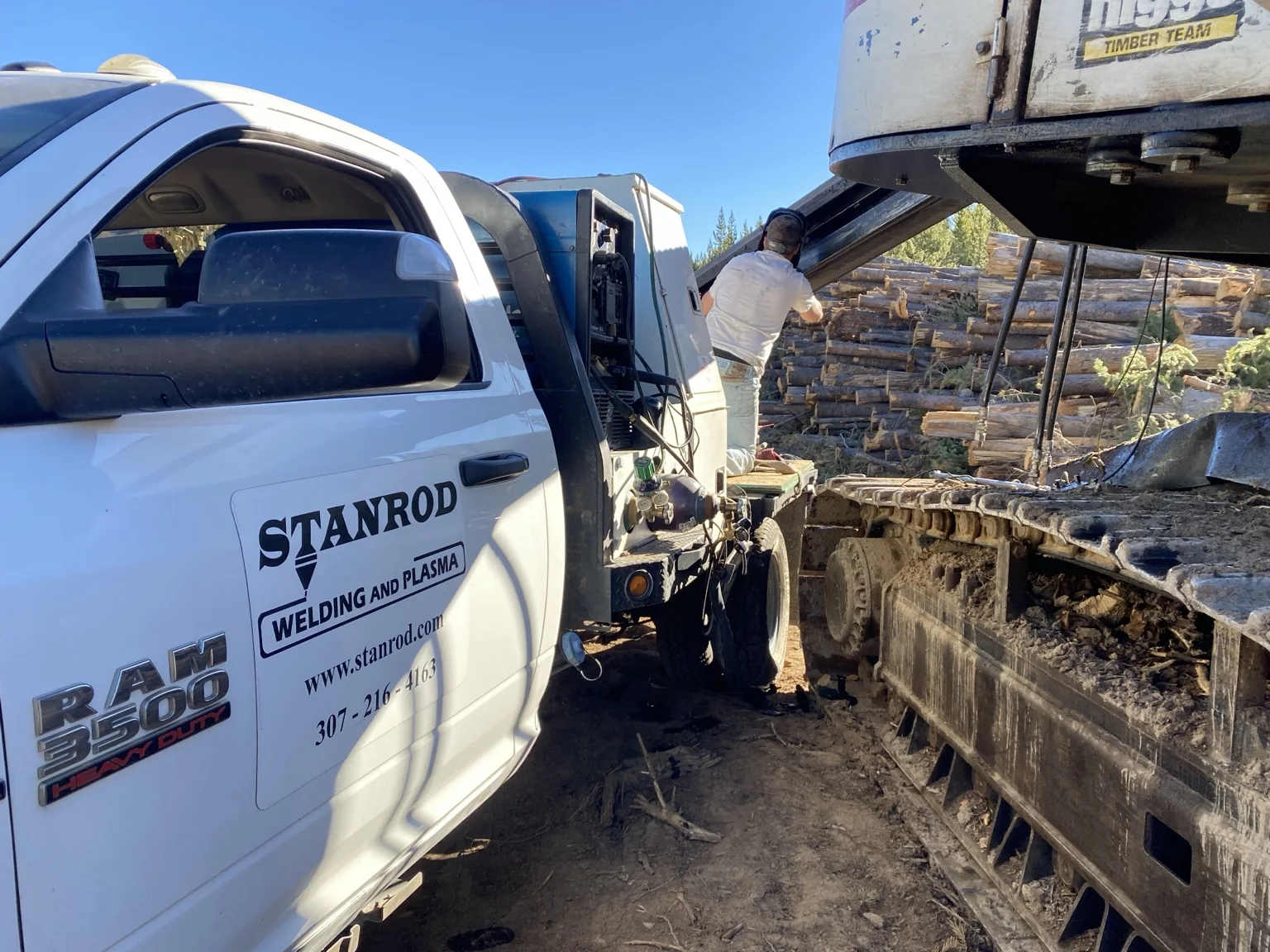 Remote logging-machine bracket repair two hours south of Laramie