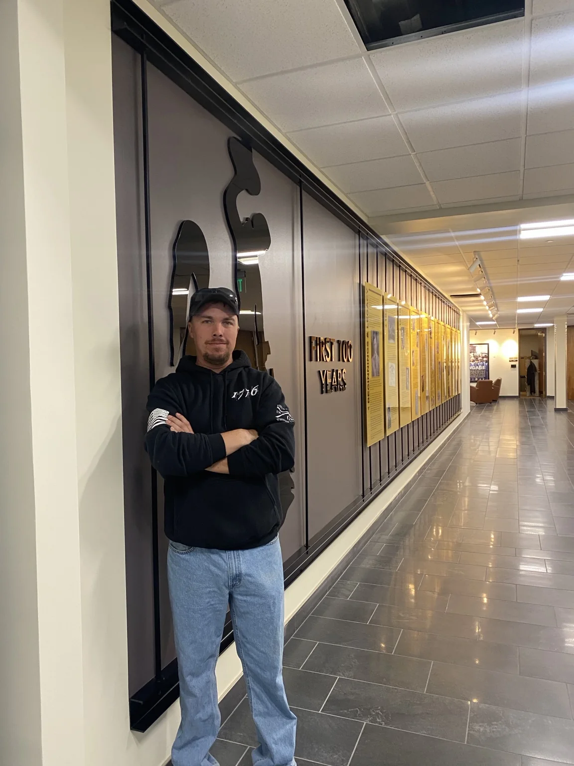 University of Wyoming College of Law timeline display after late-night installation