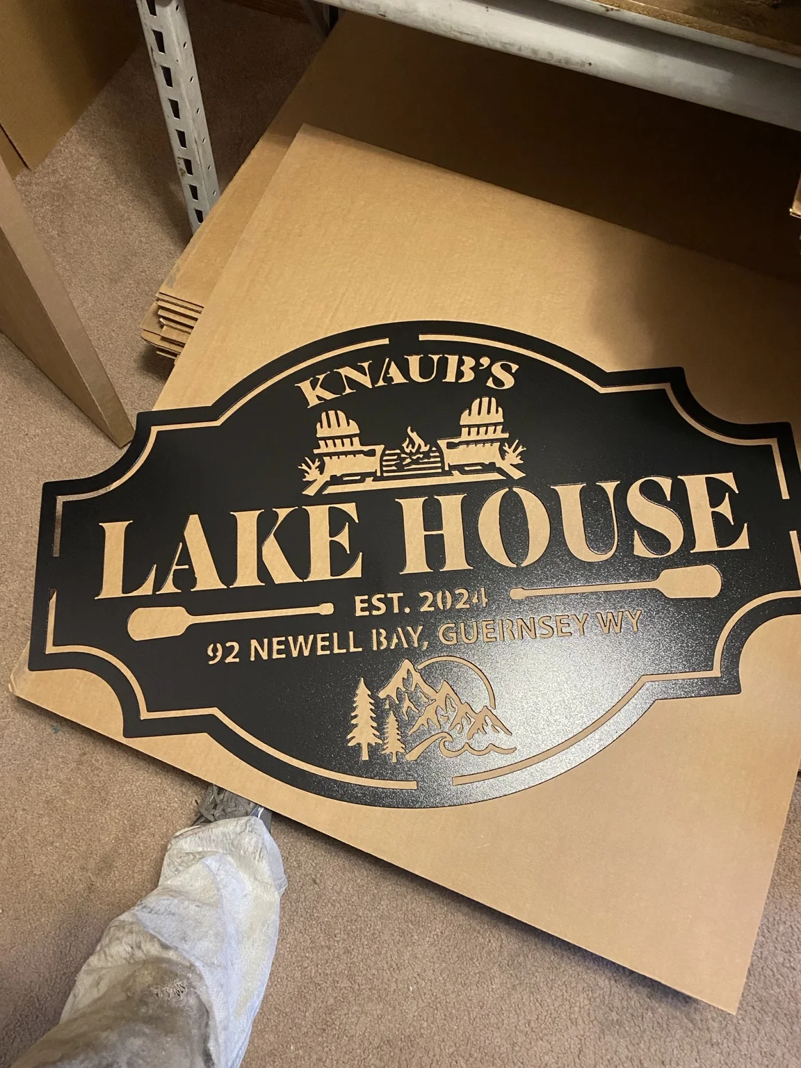 Custom Lake House plasma-cut sign finished in Federal Standard Satin Black powder coat